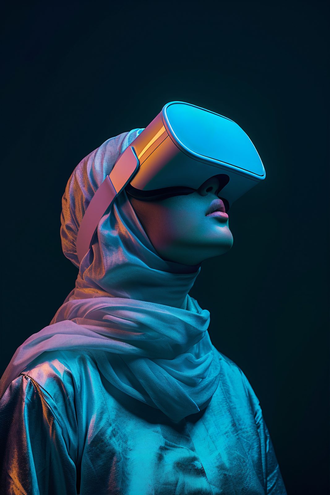 A person wearing a futuristic AR headset, lit in neon