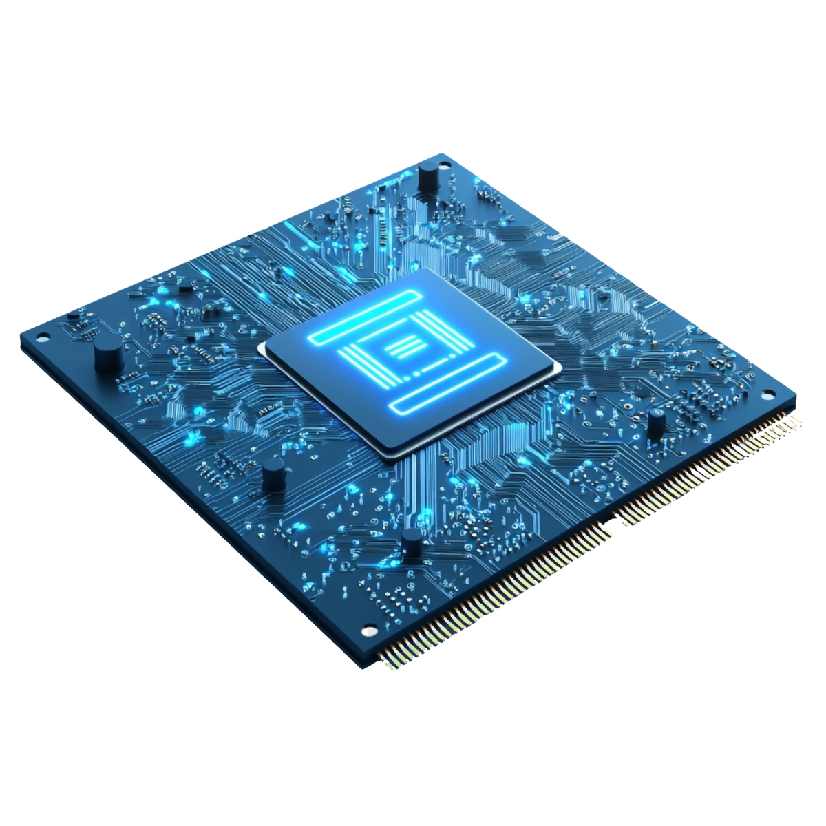 A glowing blue circuit board with an illuminated processor